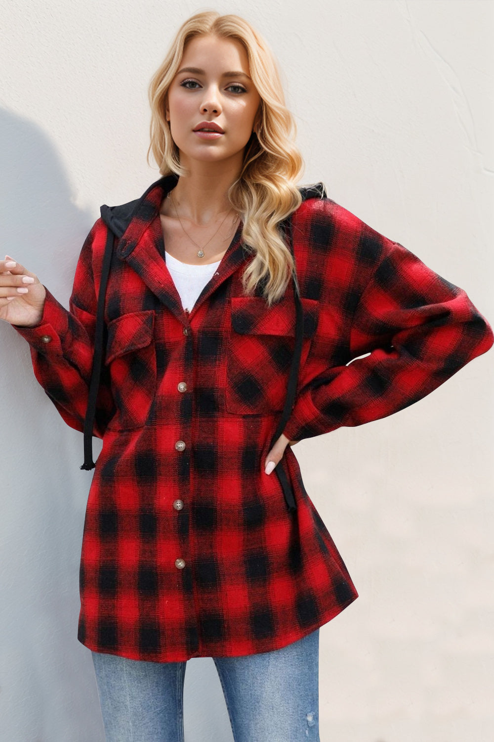 Double Take Drawstring Plaid Long Sleeve Hooded Shacket - Laazaar