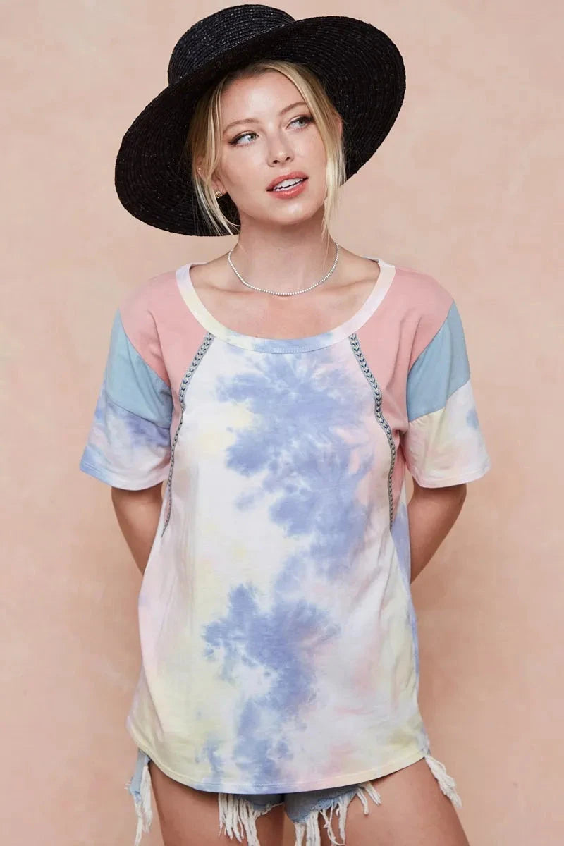 BiBi Tie Dye Printed Cotton Color Block T-Shirt