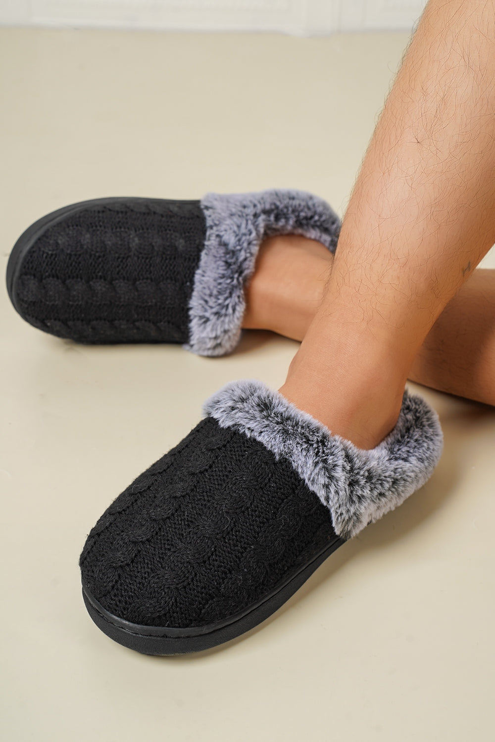 Cable-Knit Fluff Round Toe Slippers - Laazaar