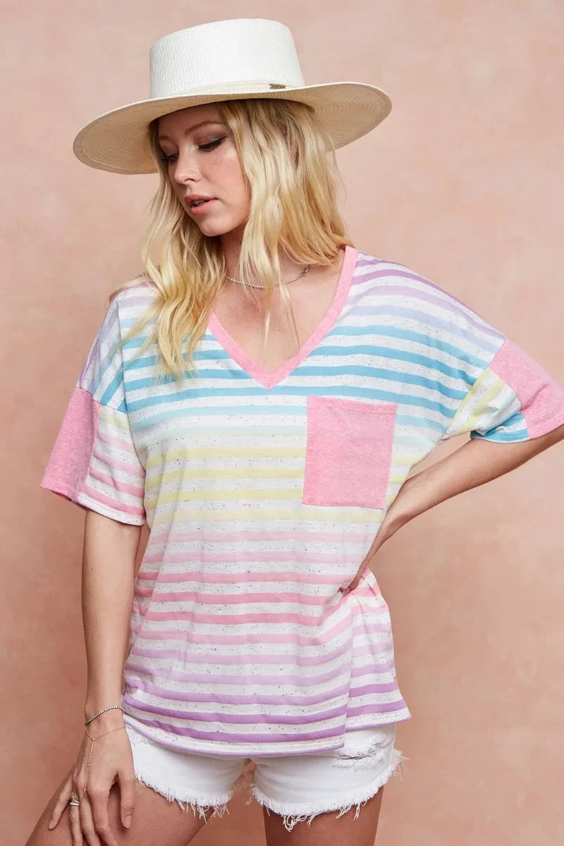 BiBi Rainbow Stripe Printed Triblend Knit Top