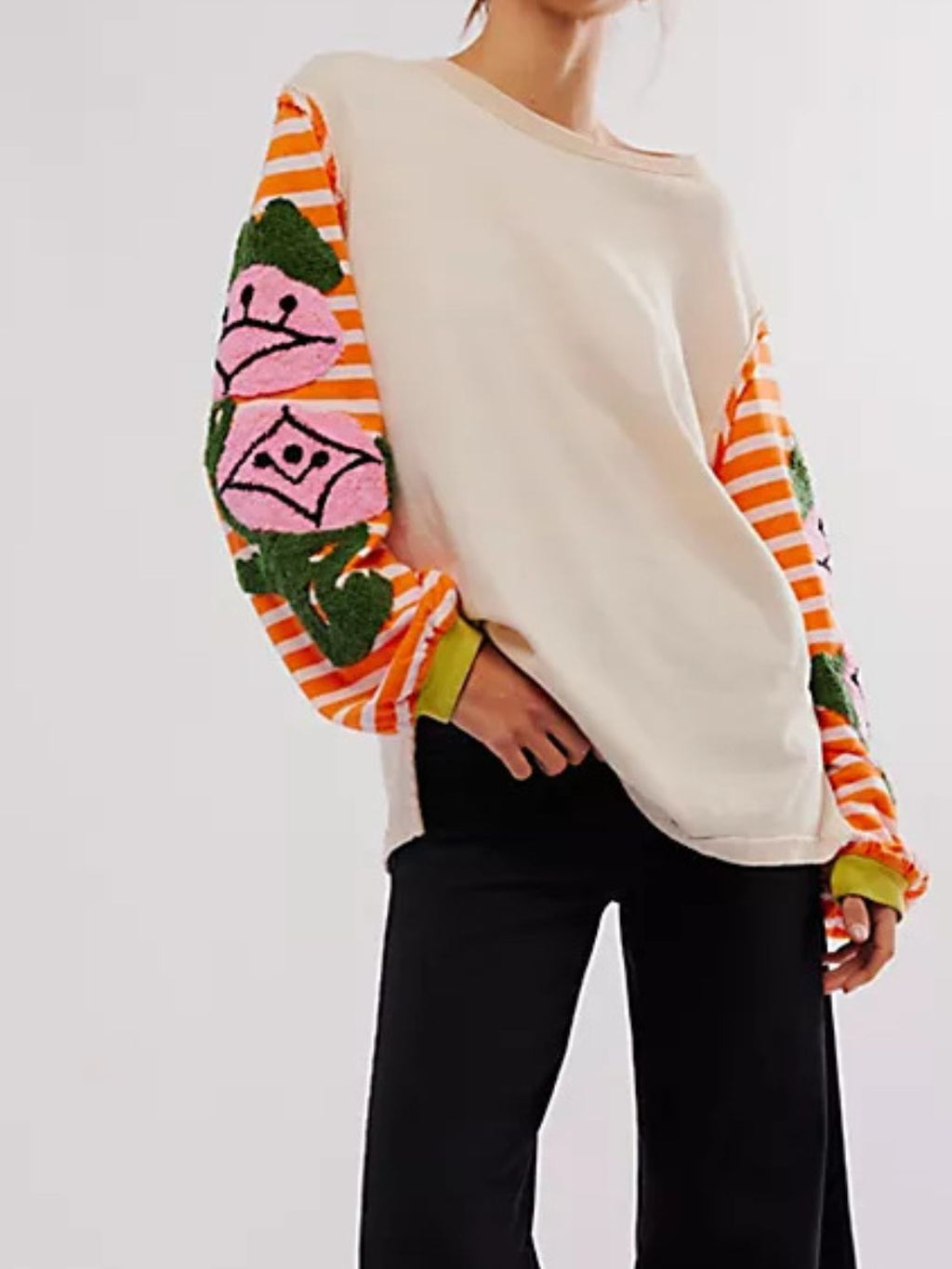 Striped Round Neck Long Sleeve Sweatshirt - Laazaar