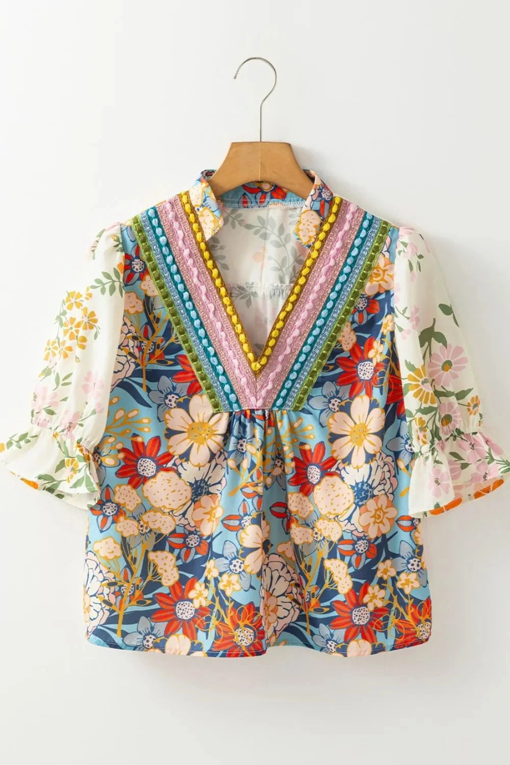 Multicolour Crochet V Neck Half Sleeve Boho Floral Blouse