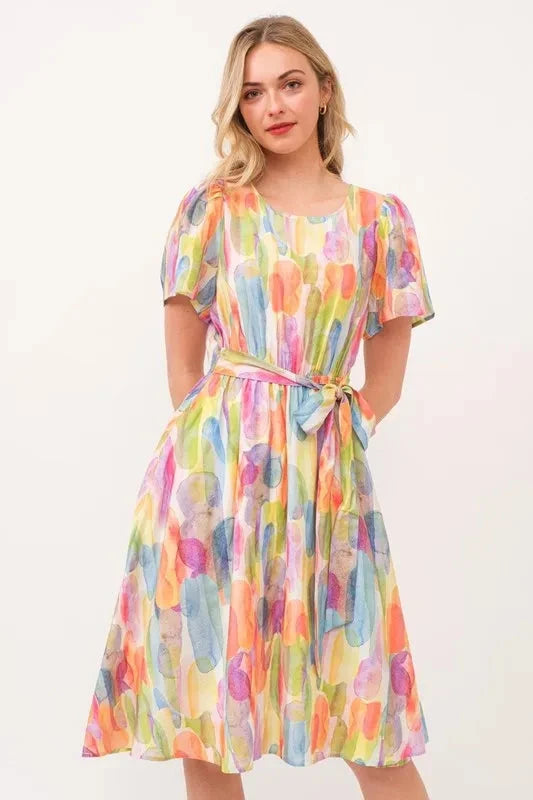 Lime 'N' Chili Watercolor Print Tie Front Midi Dress