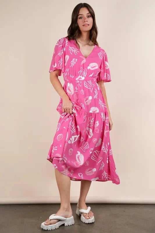 VERY J Printed V-Neck Resort Midi Dress
