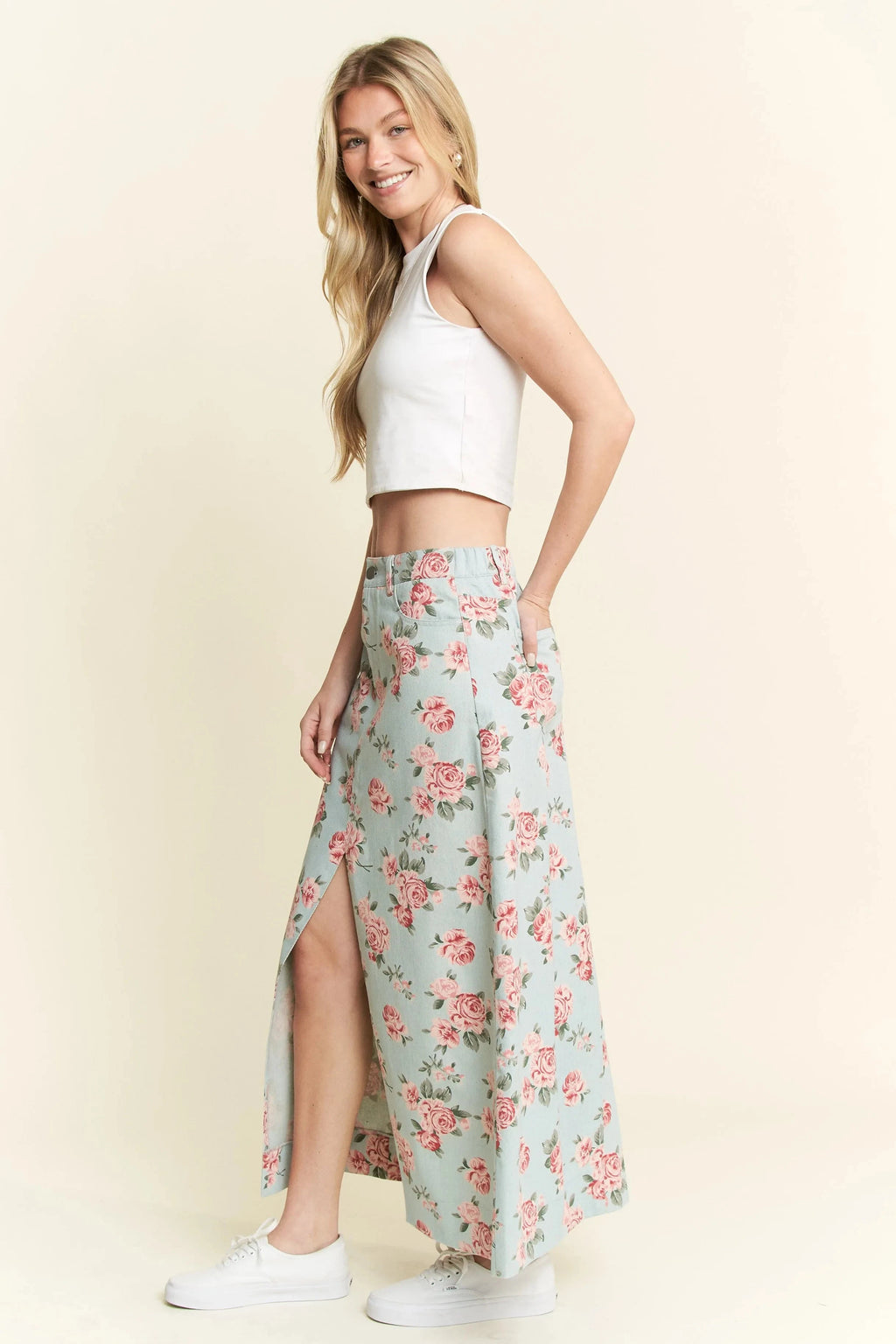 Jade By Jane Full Size Floral Print Front Slit Denim Maxi Skirt Plus Size