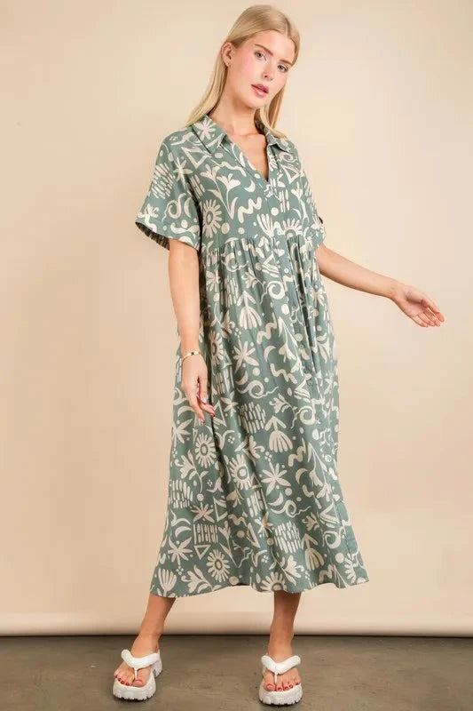 VERY J Oversized Printed Shirt Midi Dress
