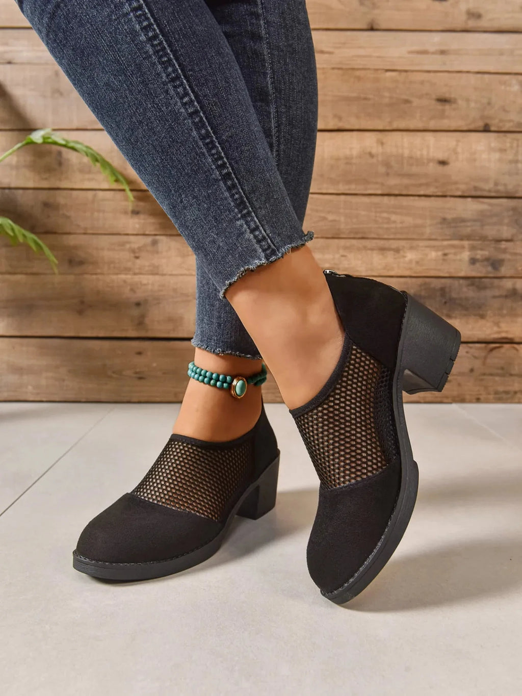 Mesh Panel Block Heel Pumps