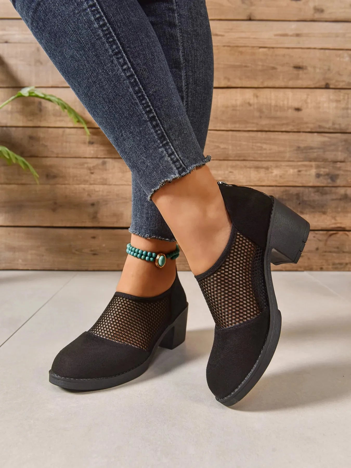 Mesh Panel Block Heel Pumps