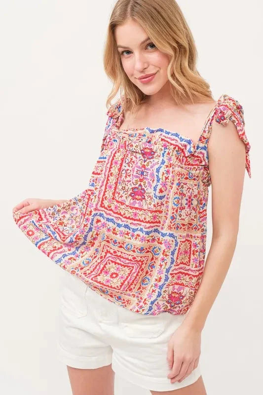 And The Why Ruffled Neck Tied Strap Boho Printed Swing Top