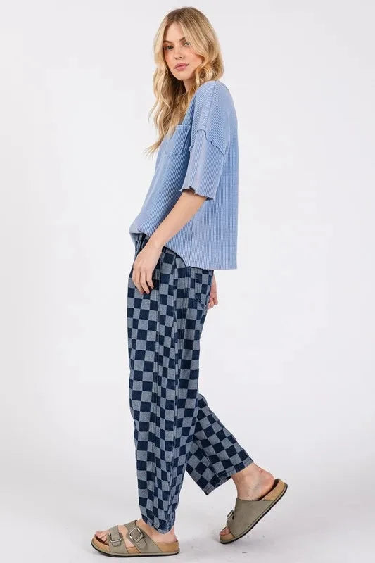 SAGE+FIG Barrel Style Leg Checkered Print Jeans