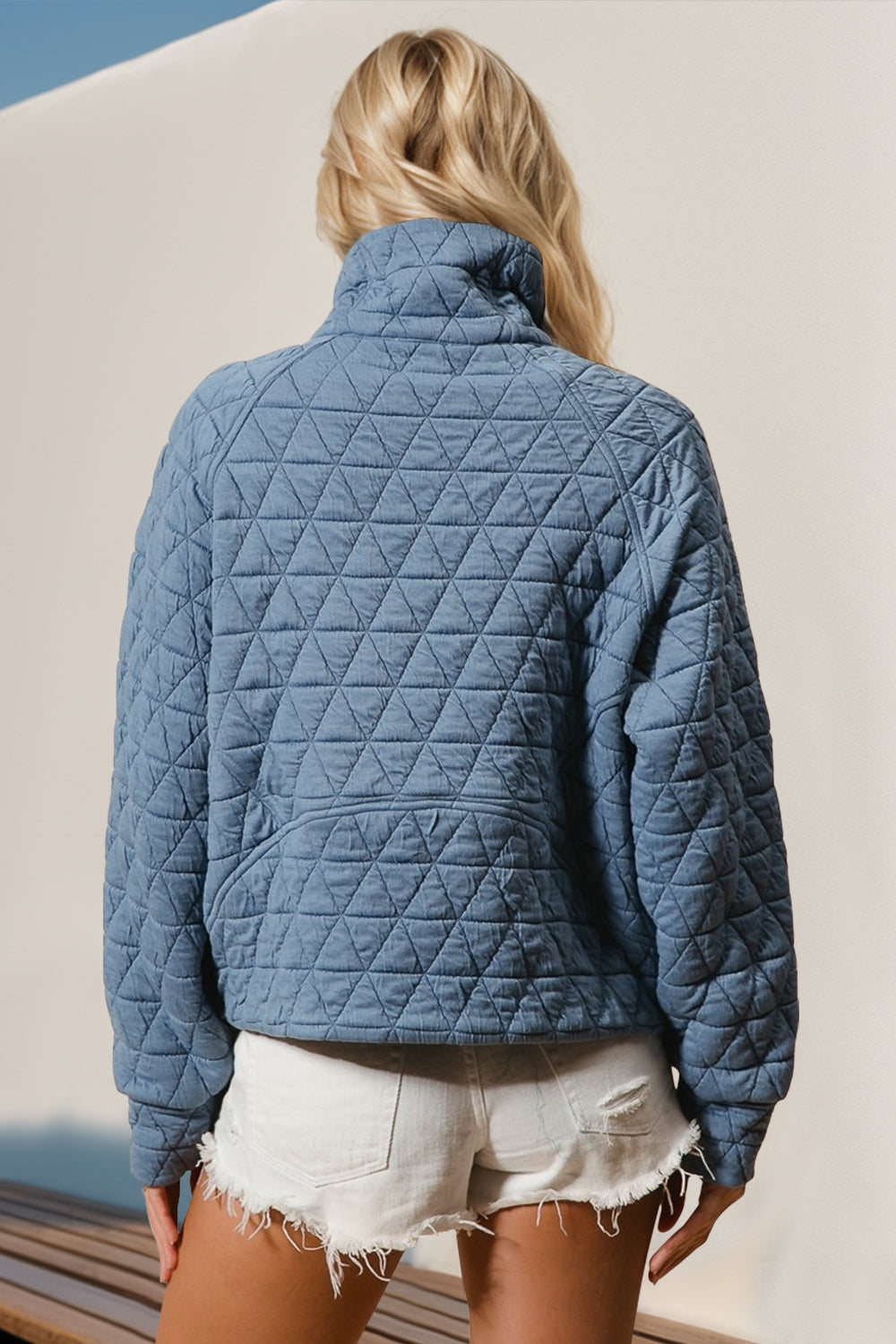 Double Take Half Zip Long Sleeve Quilted Sweatshirt with Pocket - Laazaar