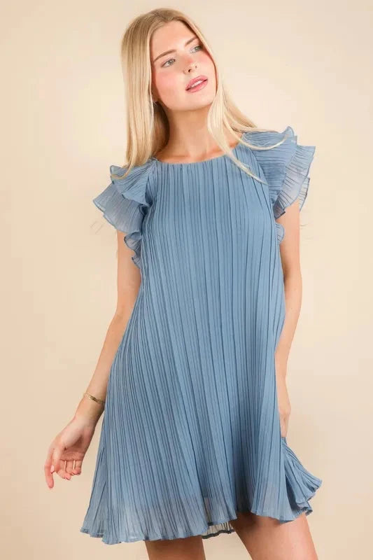VERY J Plus Size Ruffle Sleeve Pleated Woven Mini Dress