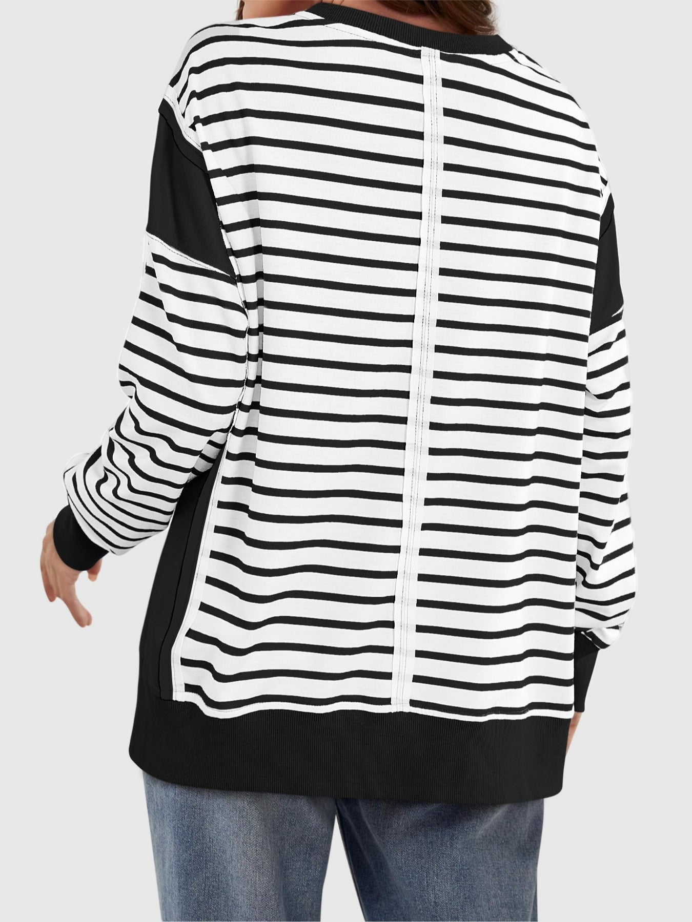 Slit Exposed Seam Striped Long Sleeve Sweatshirt - Laazaar
