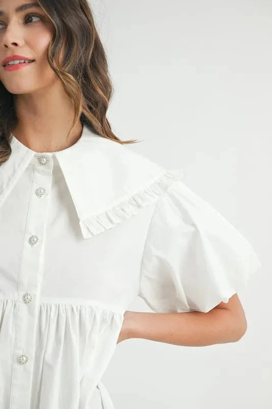 MABLE Ruffled Hem Peter Pan Collar Button Down Mini Dress