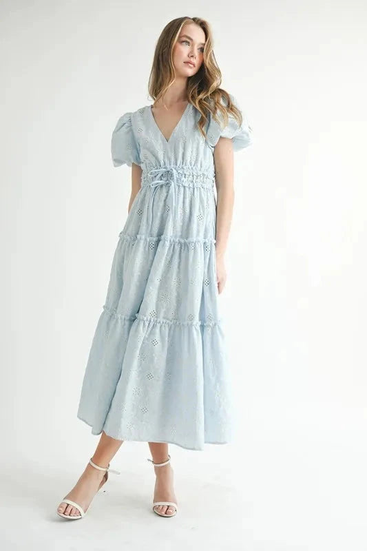 MABLE Eyelet Lace Puff Sleeve V Neck Midi Dress