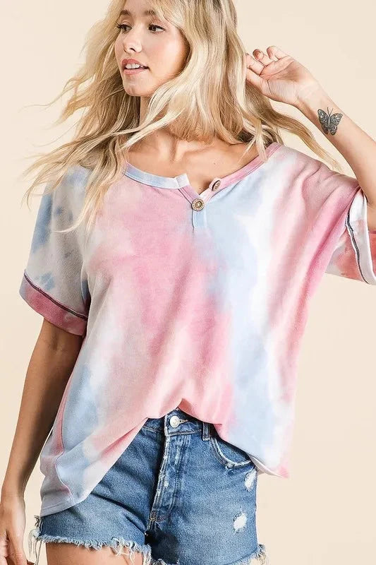 BiBi Tie Dye French Terry Top With Buttoned Placket