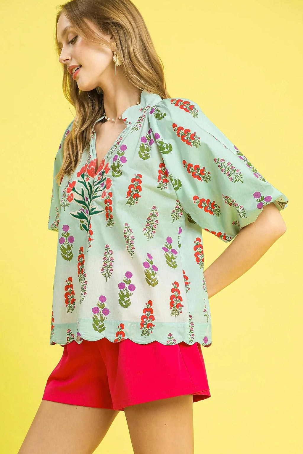 Umgee Floral Print Scalloped Hem Puff Sleeve Blouse