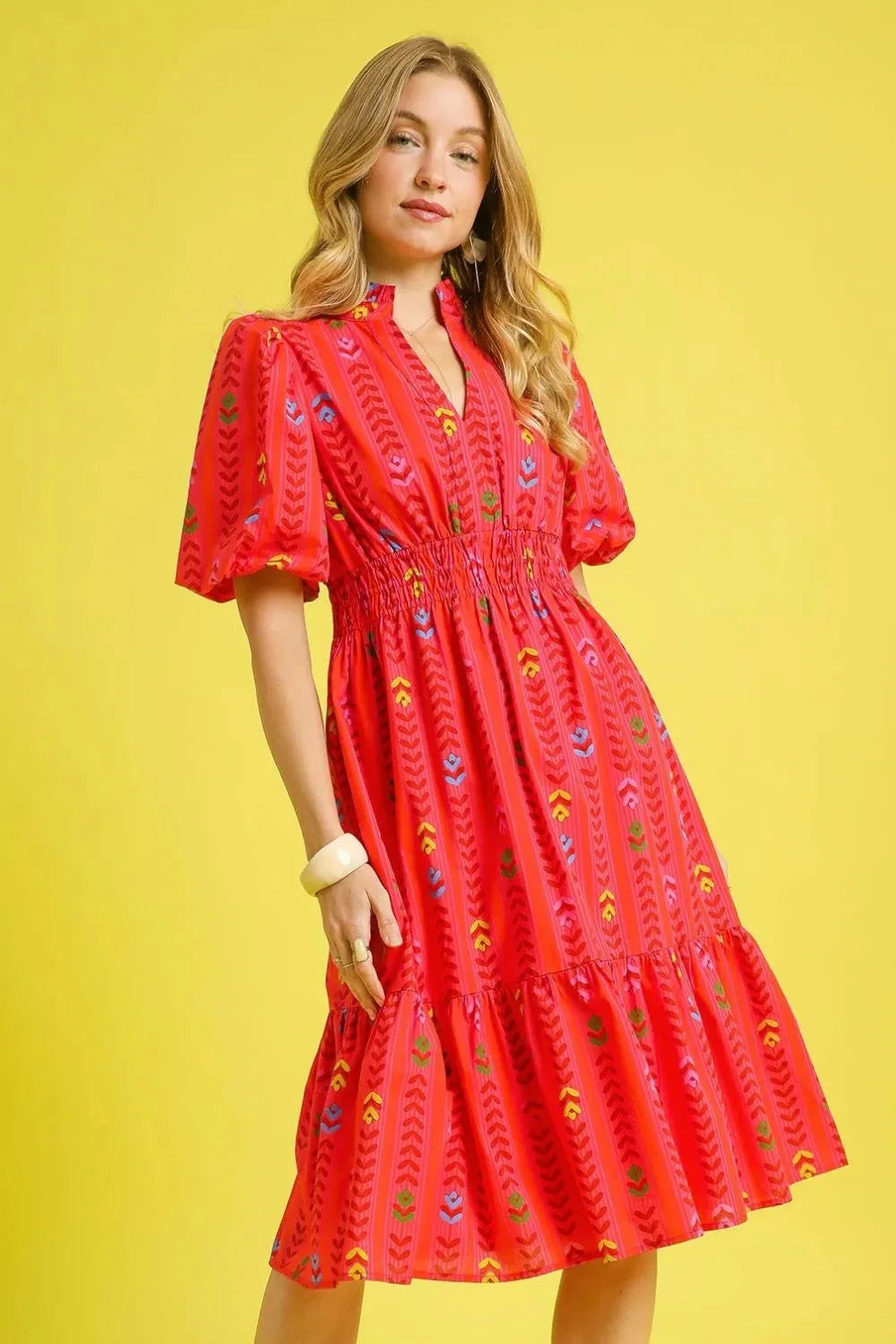 Umgee Printed Midi Dress with Ruffled Hem