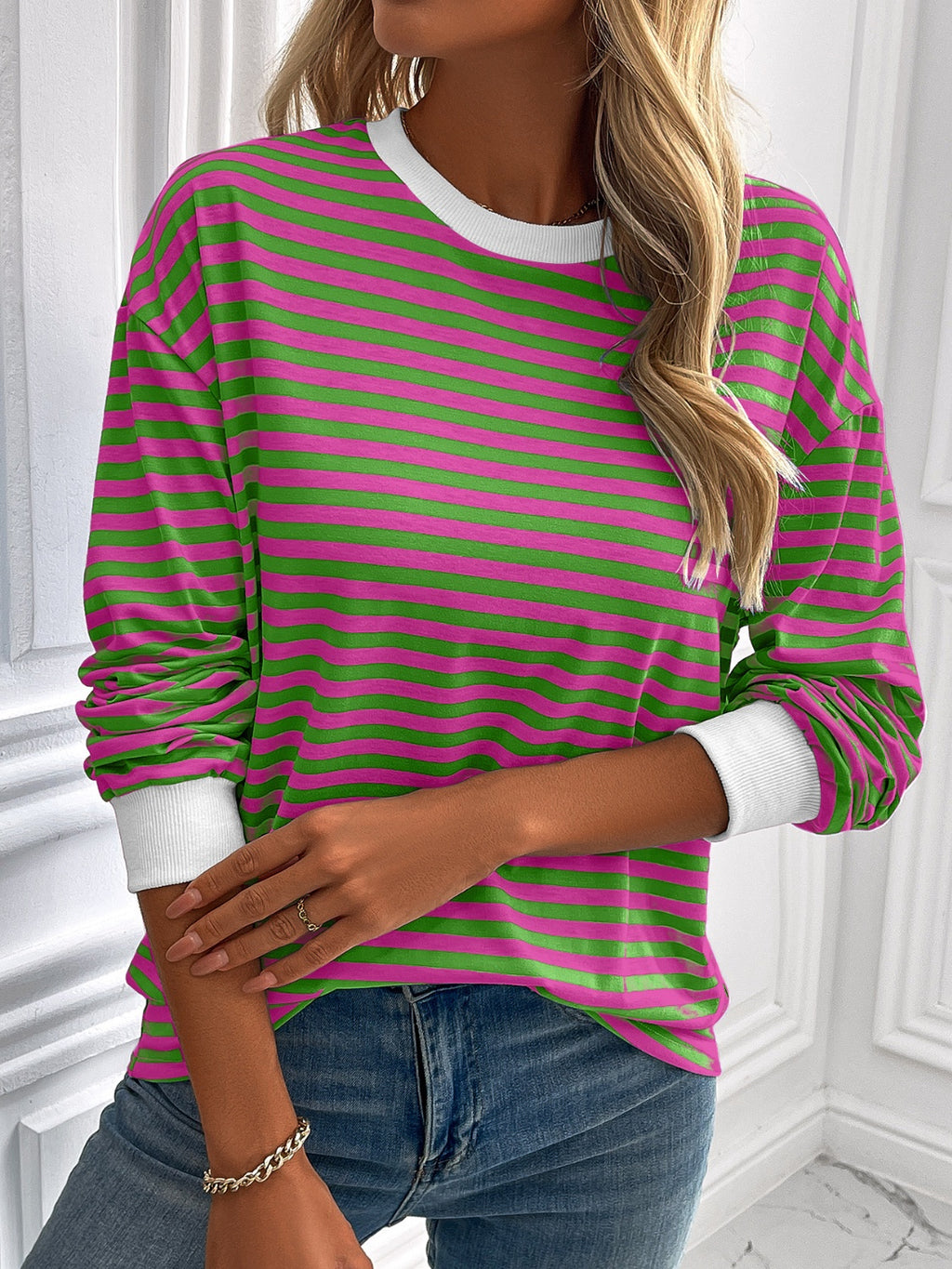 Ivy Lane Striped Round Neck Long Sleeve Sweatshirt - Laazaar