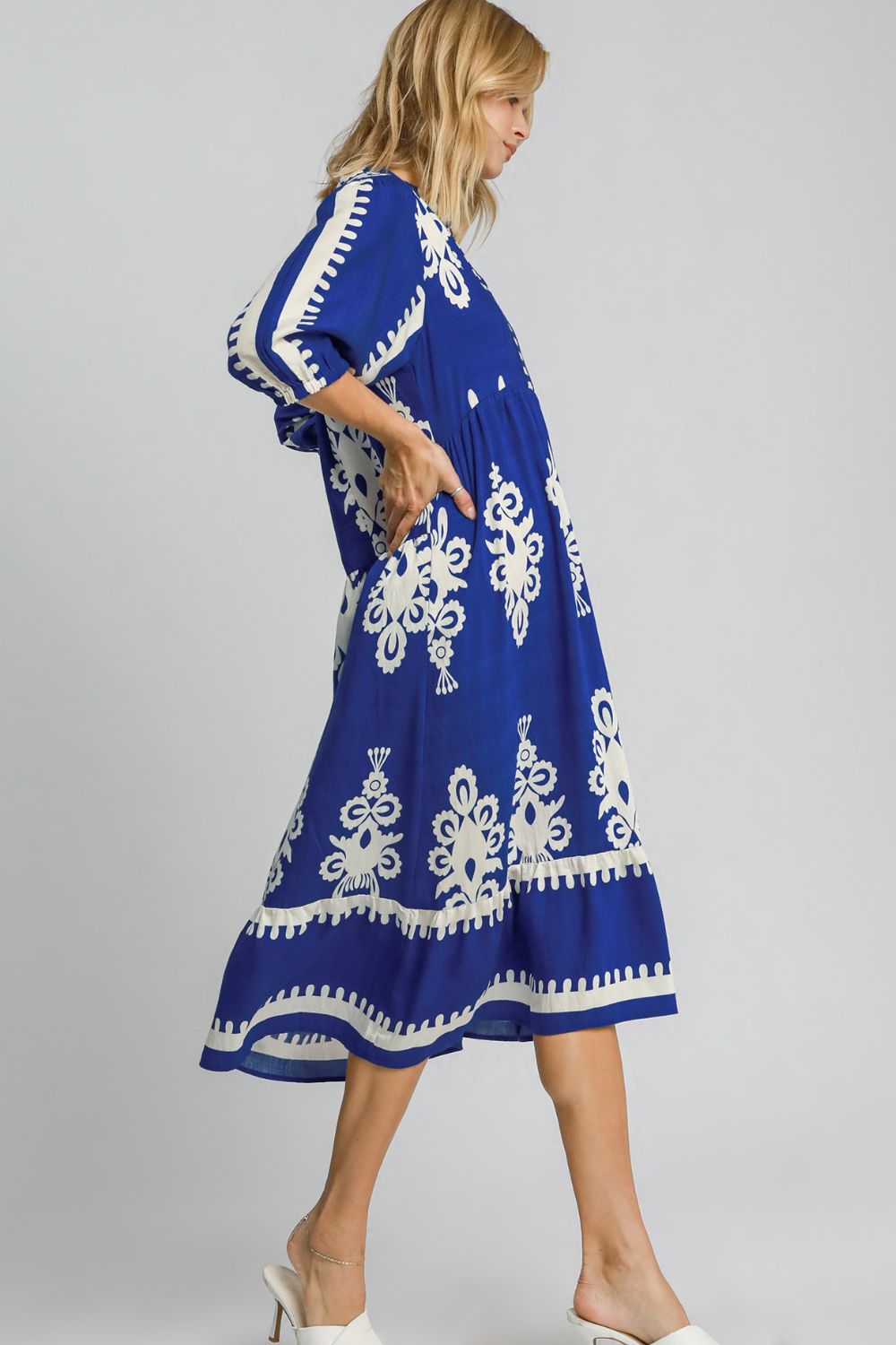 Umgee Printed Notched Midi Dress - Laazaar