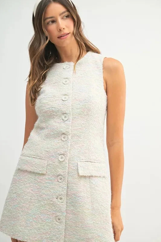 MABLE Tweed Sleeveless Button Down Mini Dress