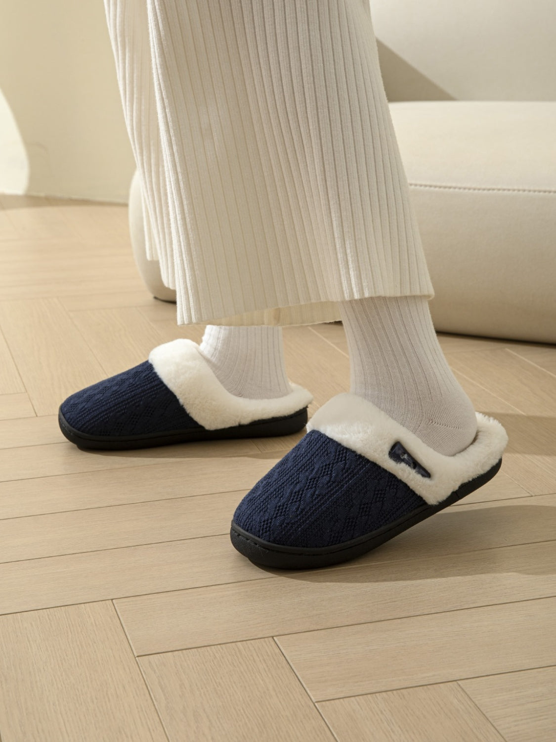 Horn Buckle Furry Texture Flat Slippers - Laazaar