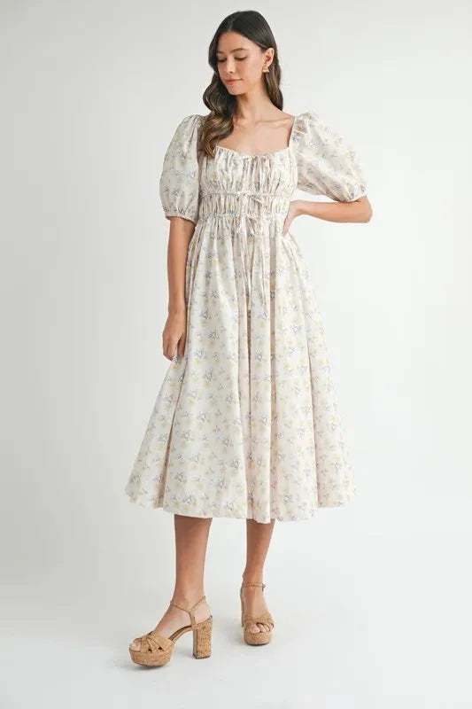 MABLE Floral Drawstring Detail Puff Sleeve Midi Dress