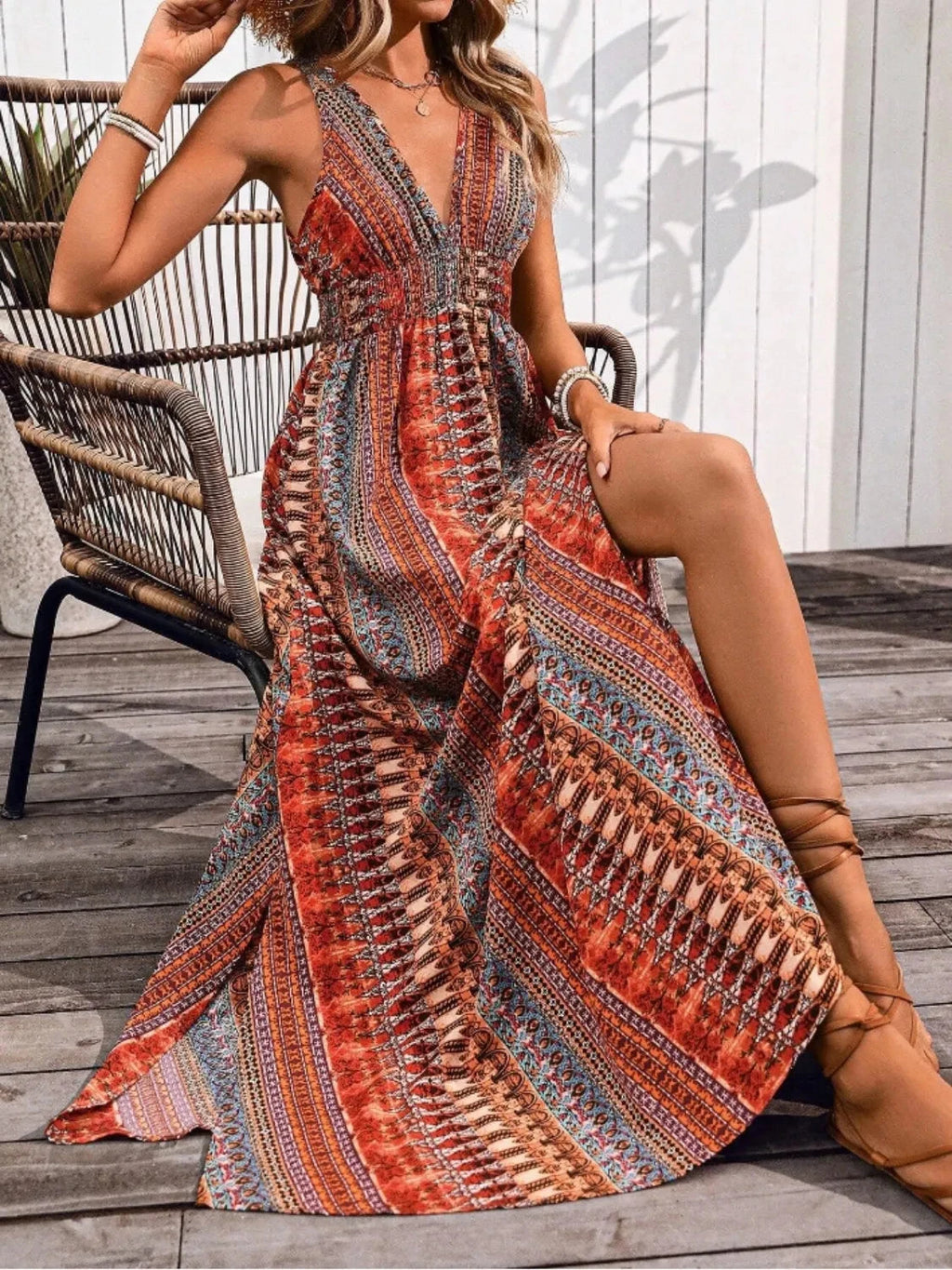 Tied Back Printed Sleeveless Maxi Slit Dress