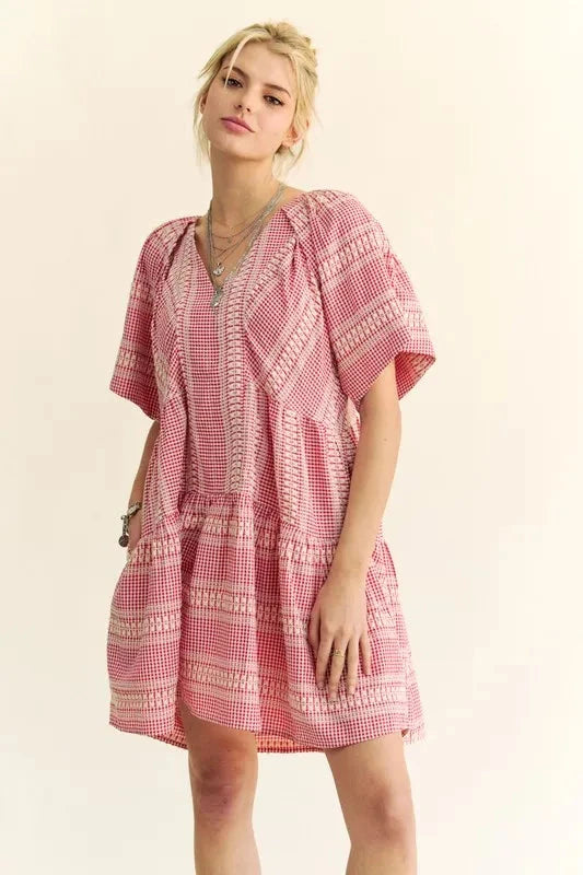Davi & Dani Embroidered Stripe Ruffled Gingham Mini Dress