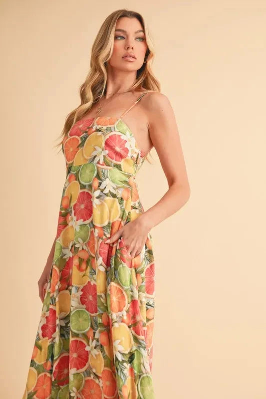Aemi + Co Fruit Print Square Neck Maxi Cami Dress