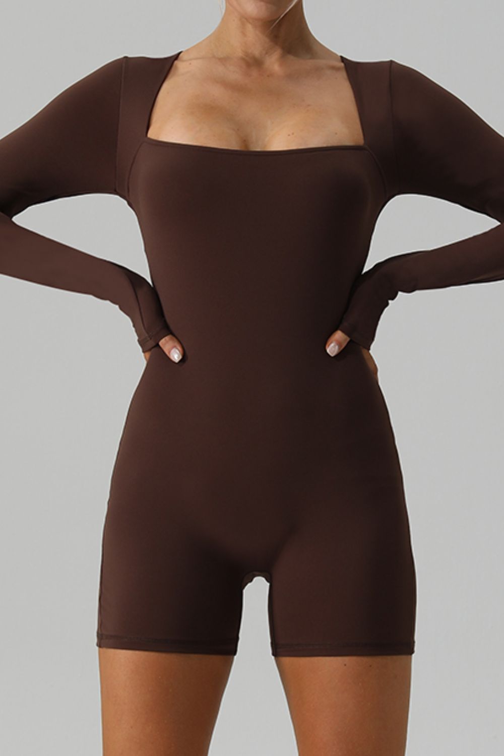 Square Neck Long Sleeve Active Romper - Laazaar