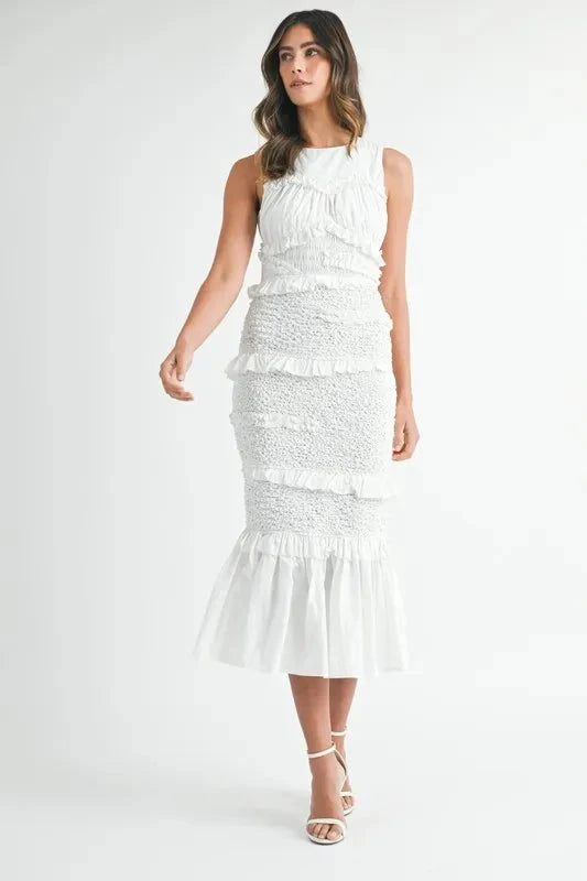 MABLE Ruffled Popcorn Smocked Mermaid Midi Dress