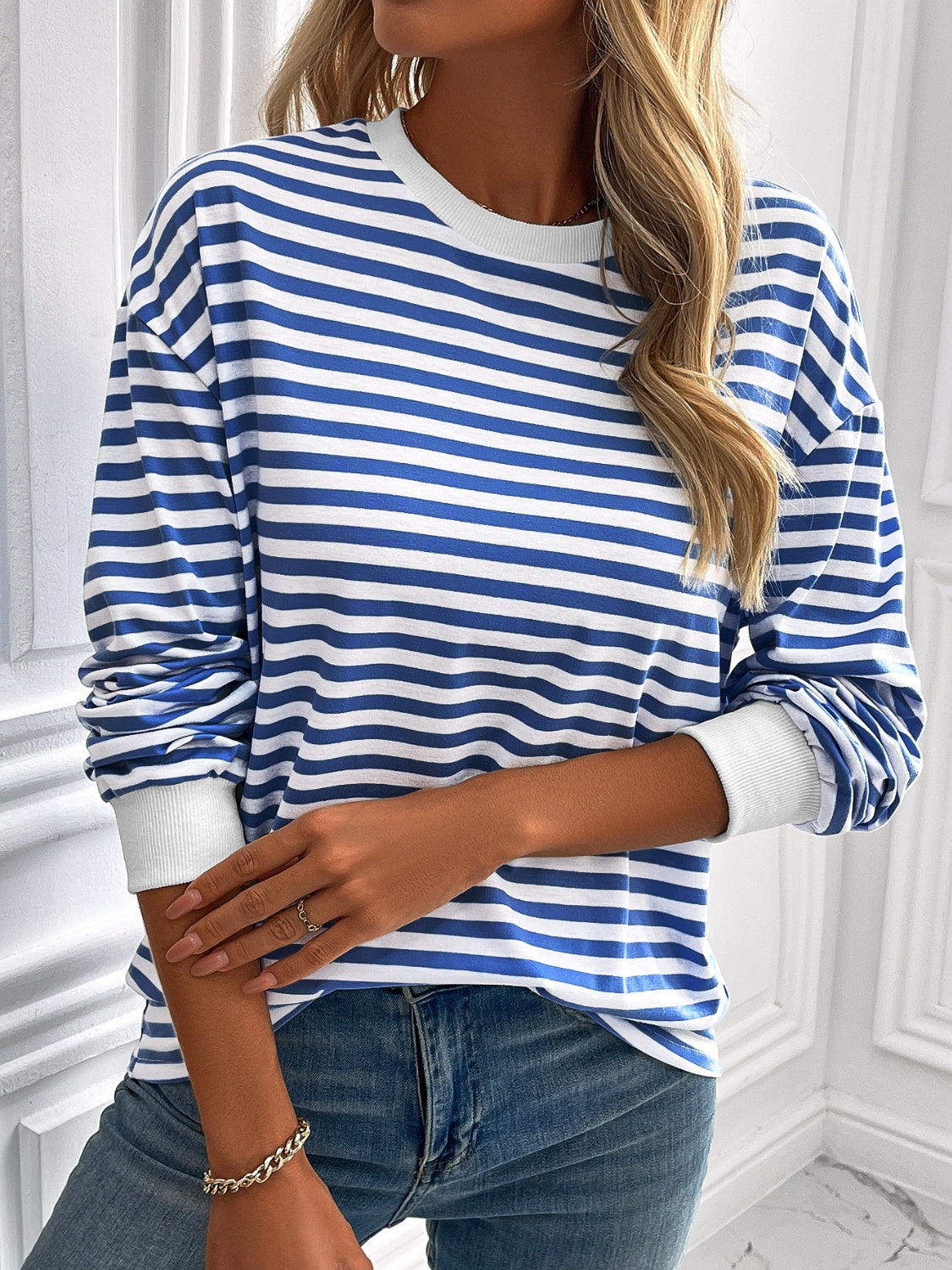 Ivy Lane Striped Round Neck Long Sleeve Sweatshirt - Laazaar