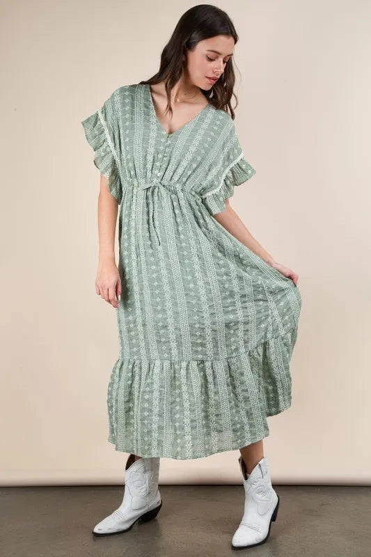 VERY J Embroidered Boho Ruffled Midi Dress