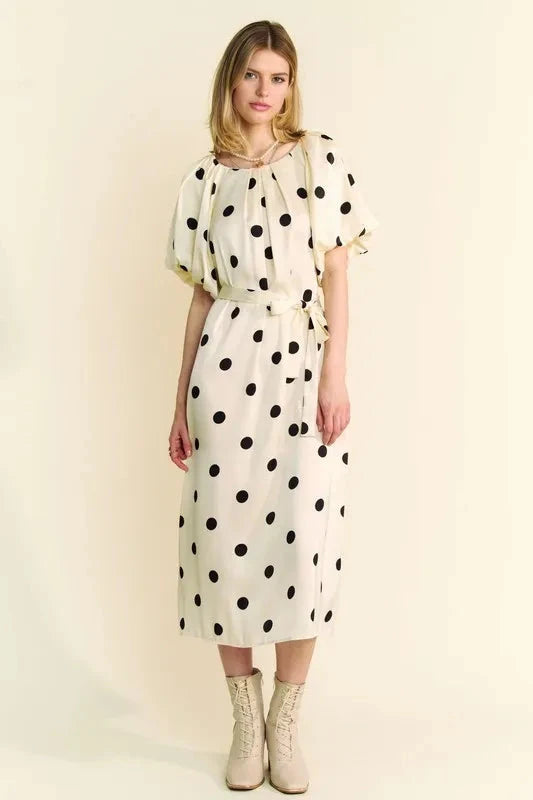 Davi & Dani Polka Dot Puff Sleeves Waist Tie Midi Dress