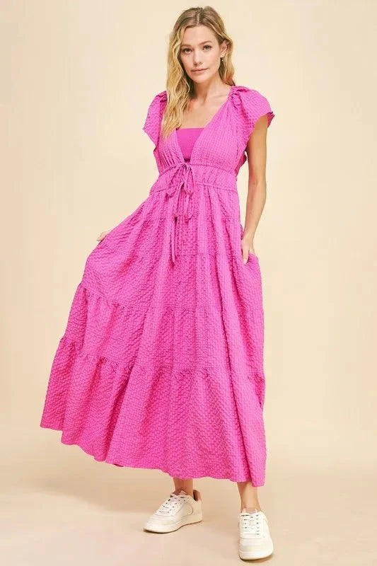 Davi & Dani Crinkled Texture Flutter Cap Sleeve Midi Dress