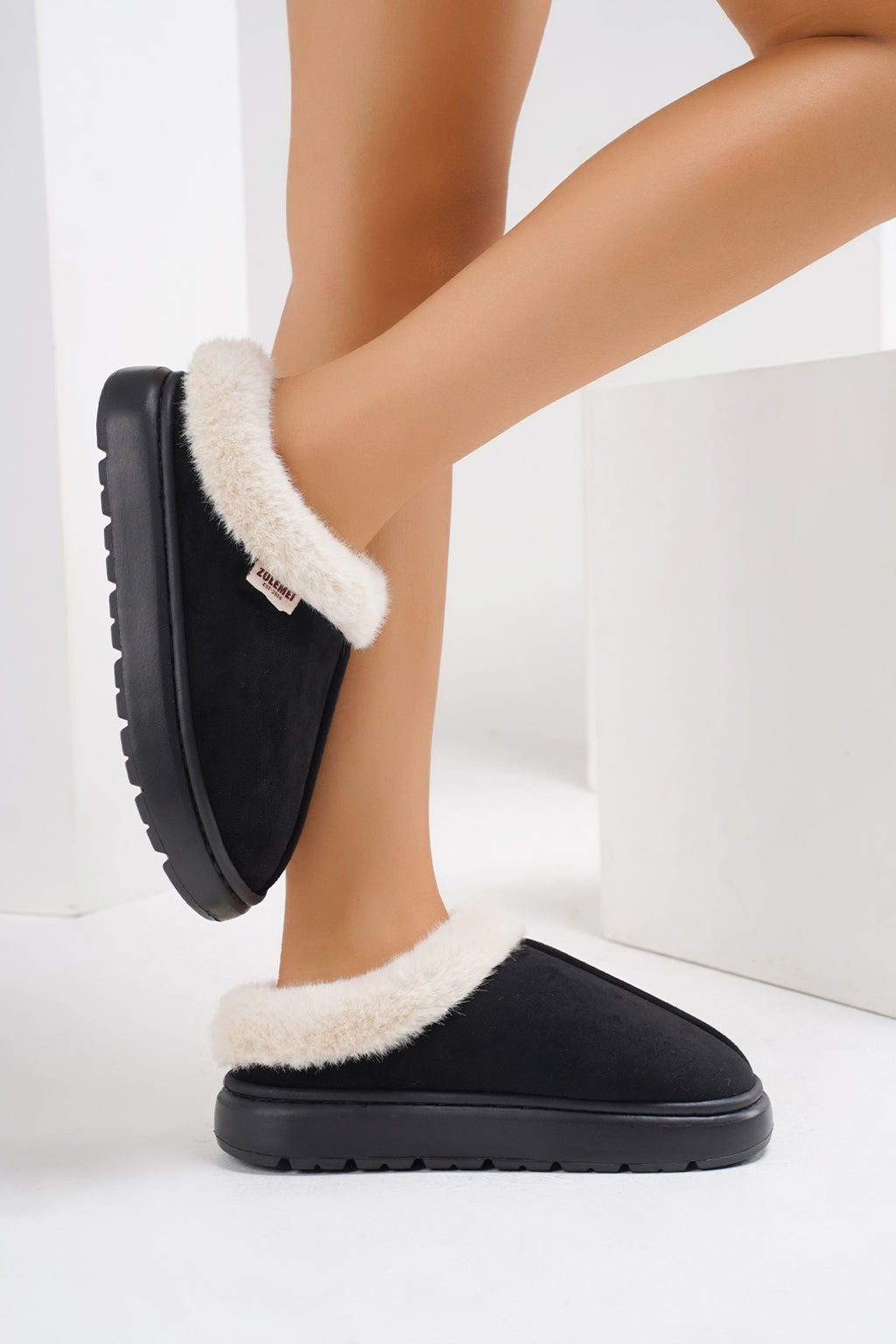 Furry Round Toe Platform Slippers - Laazaar