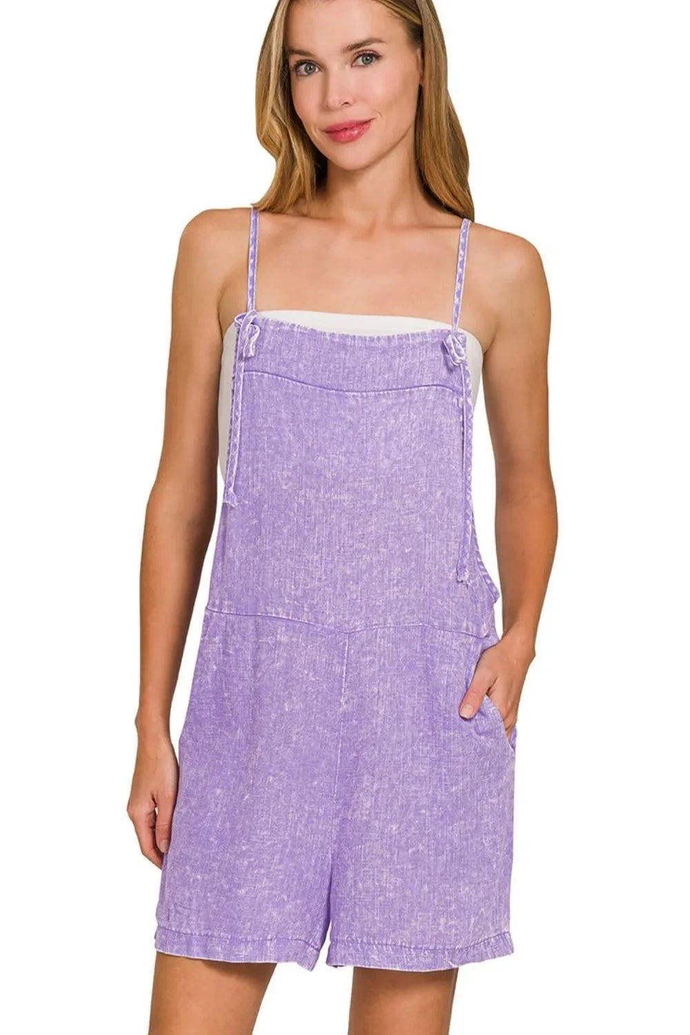 Zenana Washed Linen Knot Strap Rompers