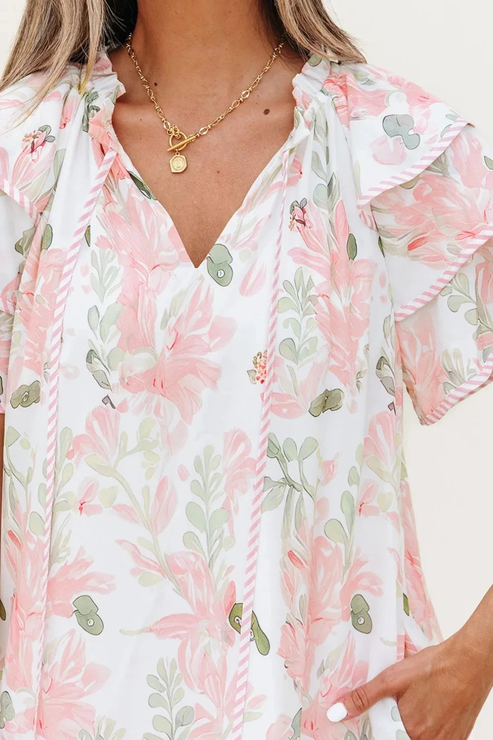 Floral Contrast Edge Layered Short Sleeve Mini Dress