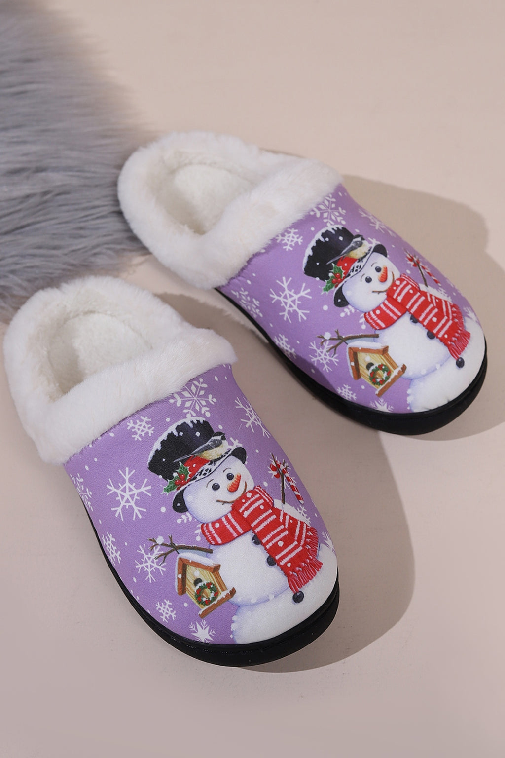 Snowman Round Toe Faux Fur Slippers - Laazaar