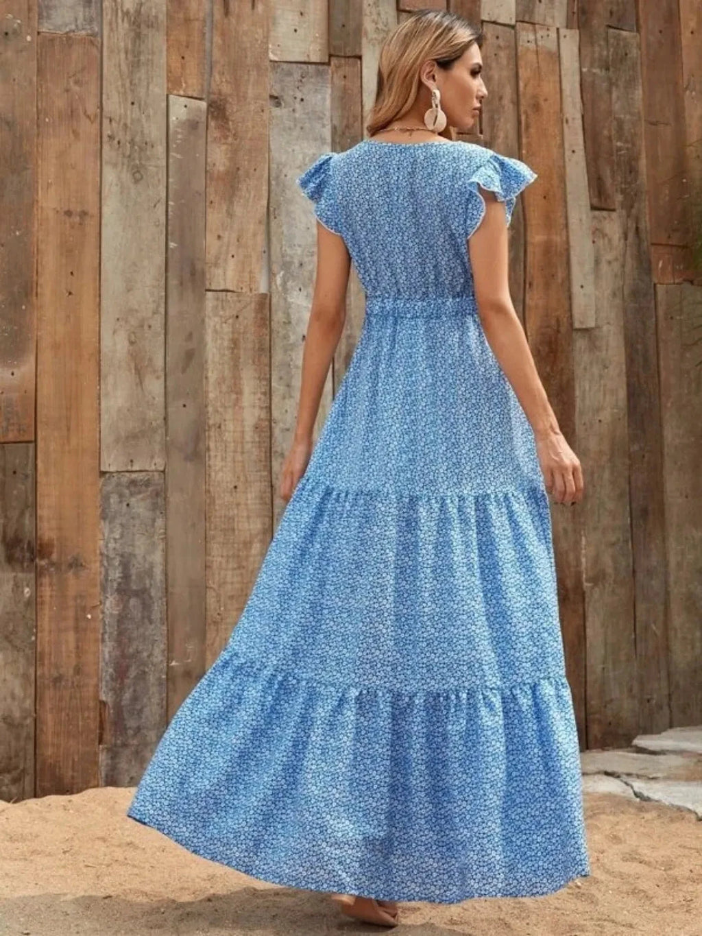 Printed V-Neck Ruffled Cap Sleeve Maxi Dress