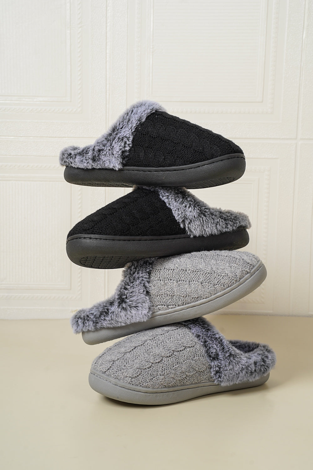 Cable-Knit Fluff Round Toe Slippers - Laazaar