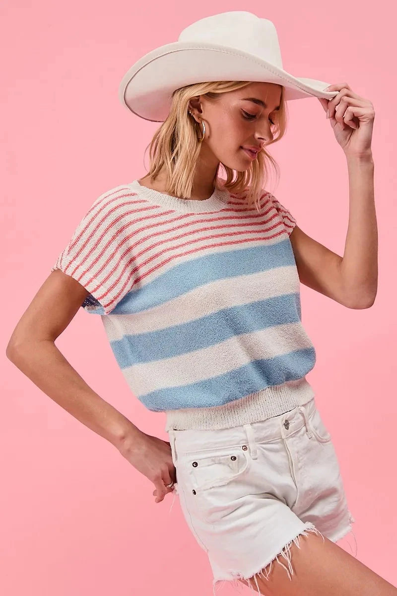 BiBi Stripes Lightweight Short Sleeve Sweater