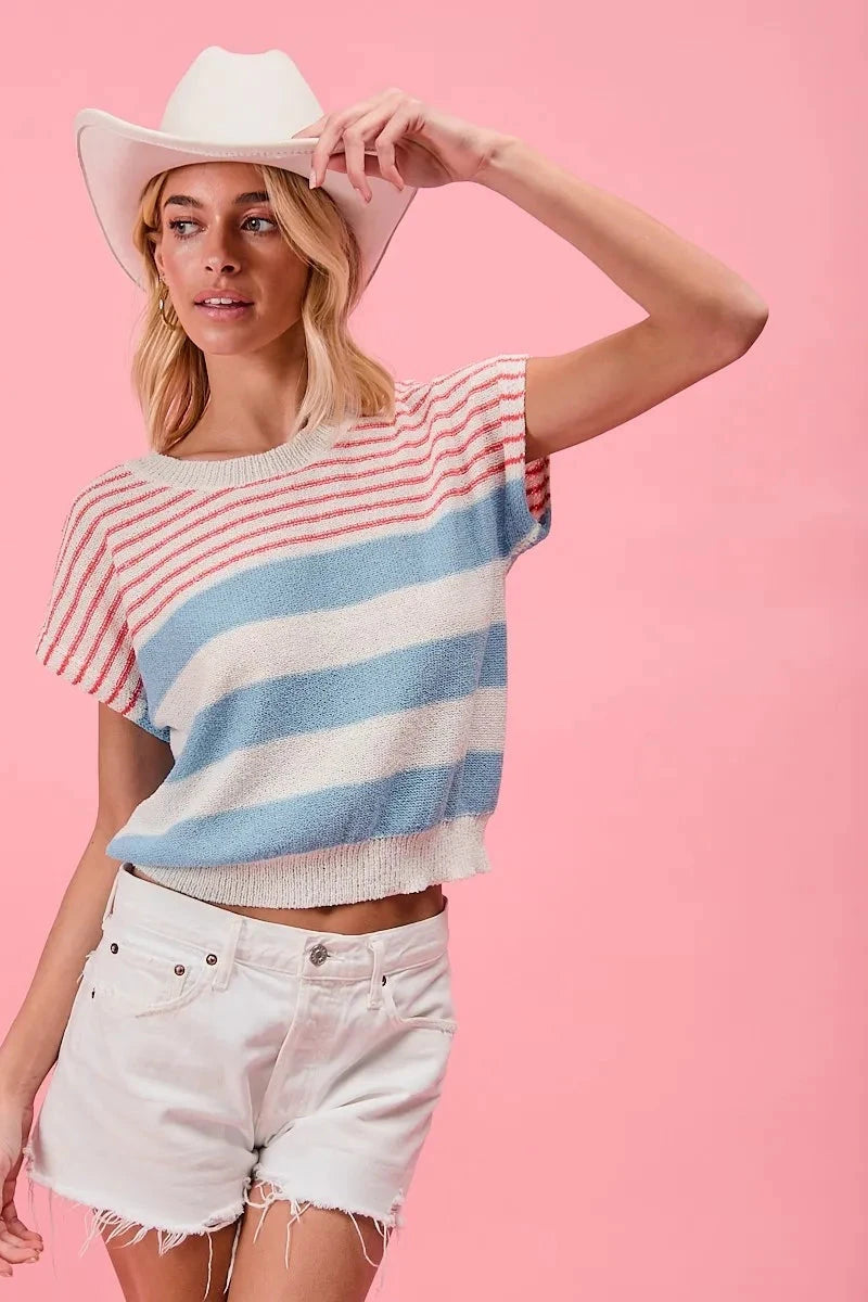 BiBi Stripes Lightweight Short Sleeve Sweater