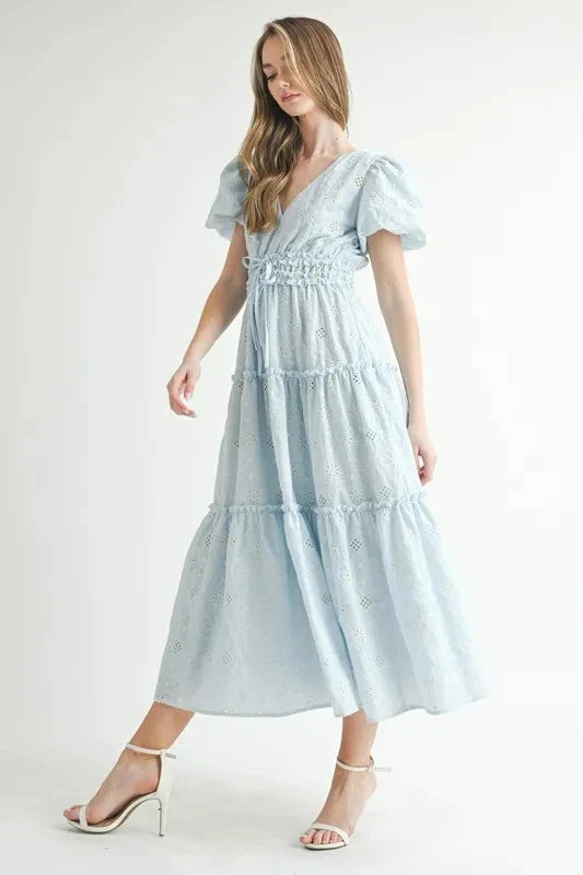 MABLE Eyelet Lace Puff Sleeve V Neck Midi Dress