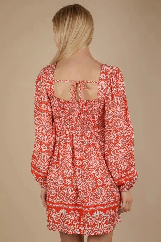 VERY J Printed Smocked Chest Boho Mini Dress