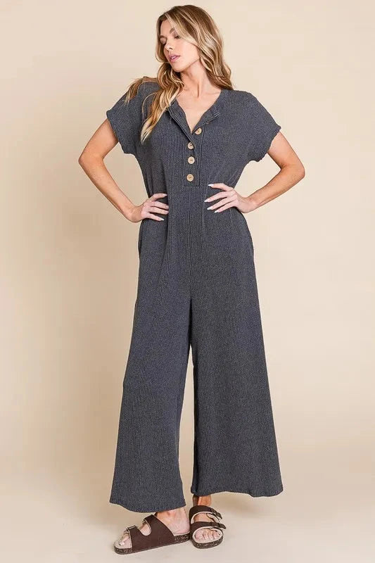 BOMBOM Rib Knit Jumpsuit with Button Detail