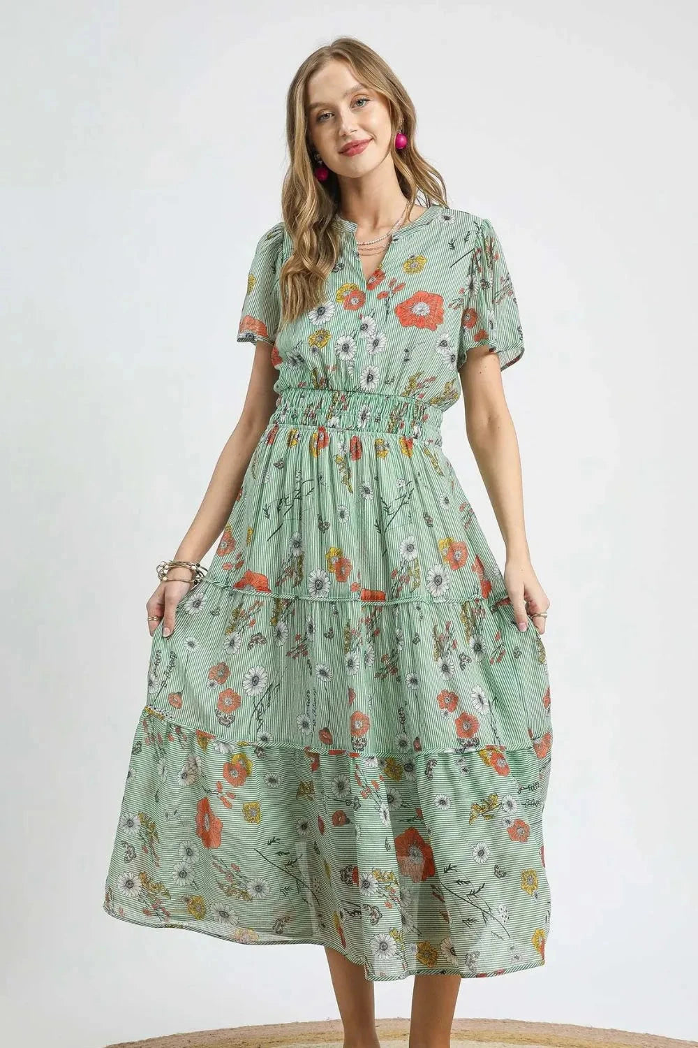 Umgee Smocked Waist Floral Short Sleeve Midi Dress