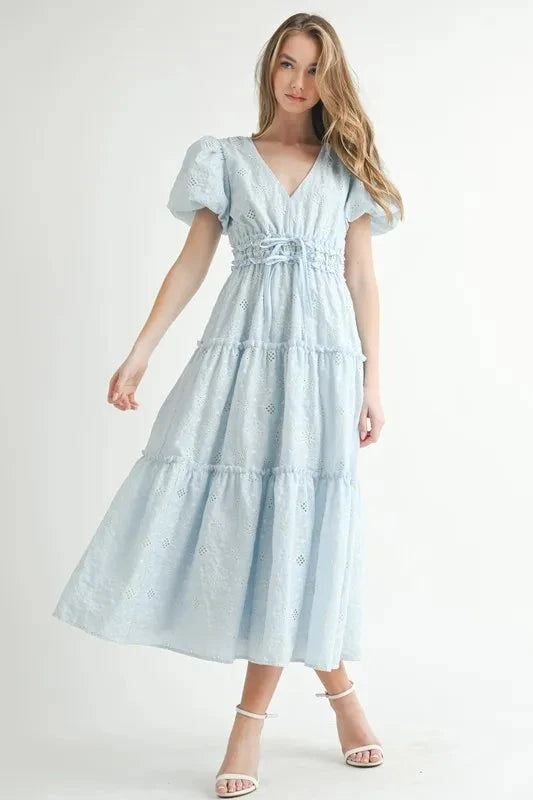 MABLE Eyelet Lace Puff Sleeve V Neck Midi Dress