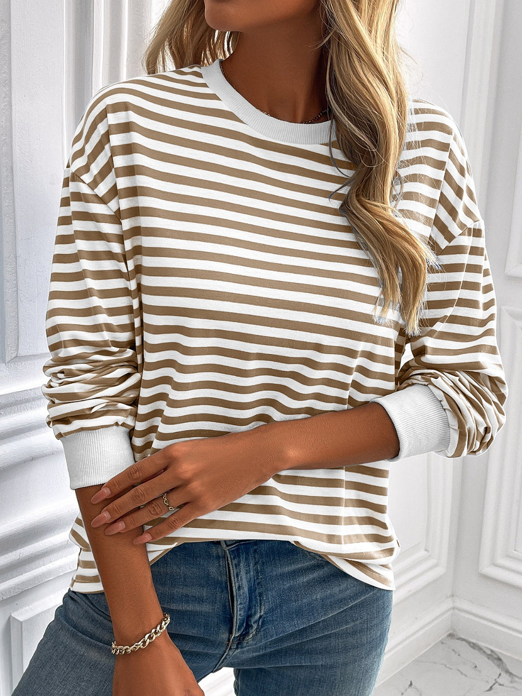 Ivy Lane Striped Round Neck Long Sleeve Sweatshirt - Laazaar
